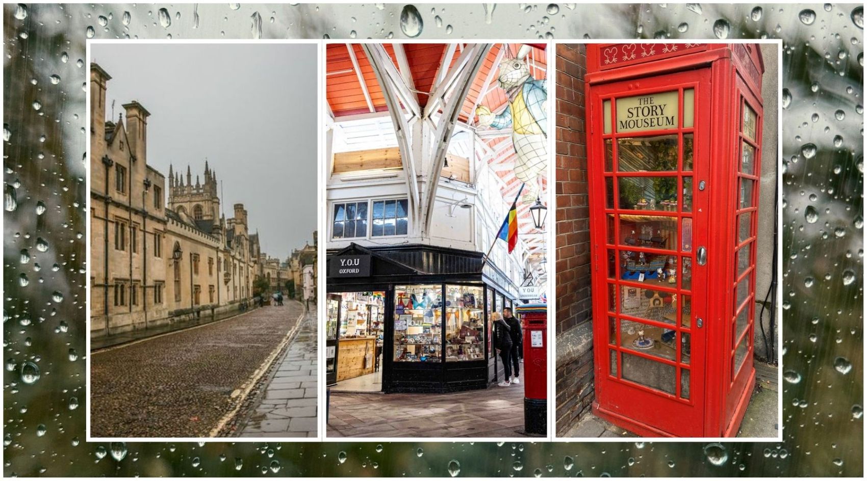 Banner displaying a collage of Oxford locations on a rainy background