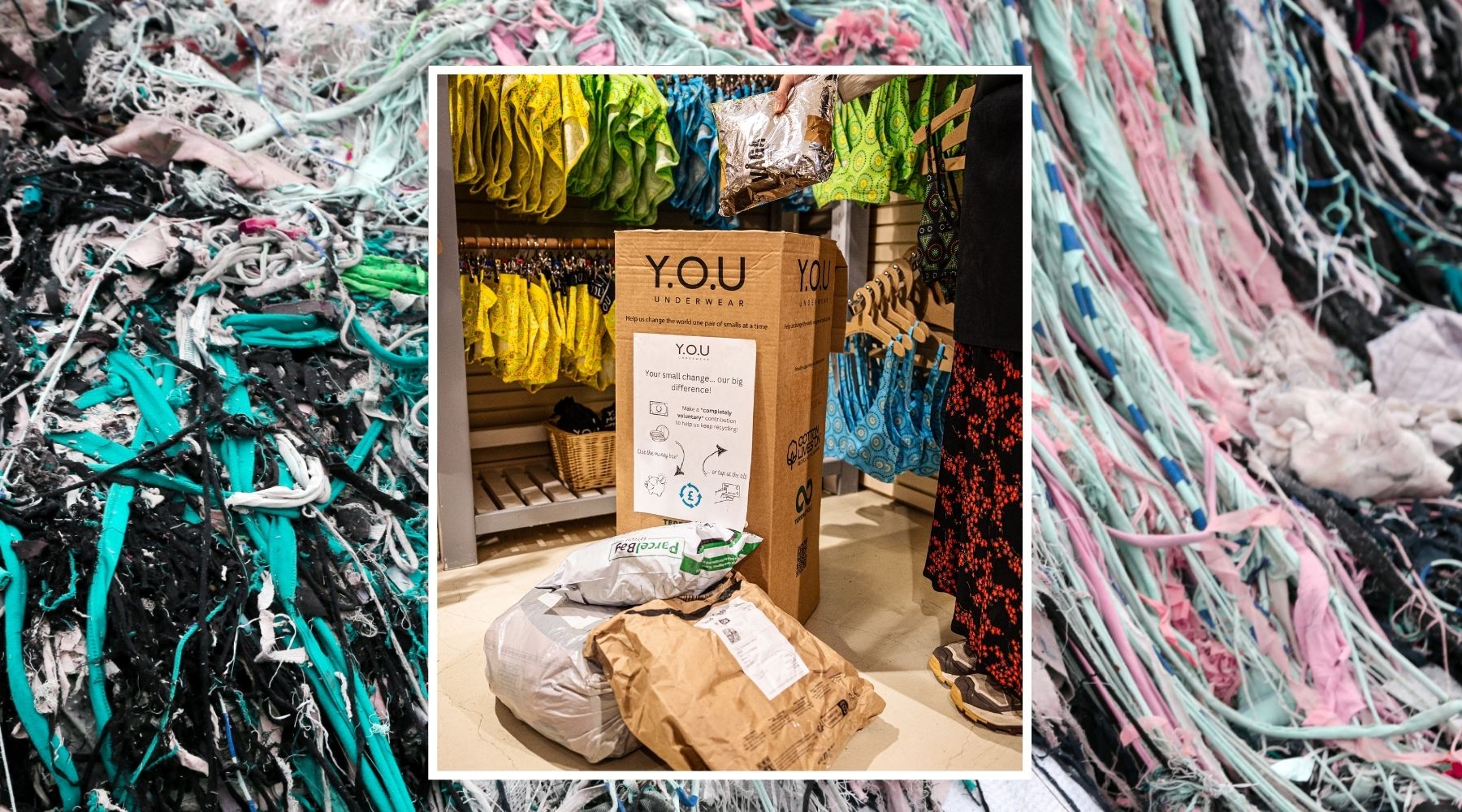 Photo of a tall cardboard textile recycling collection box with parcels laid in front of it. Behind that photo is a photo of a large mound of textile waste scraps