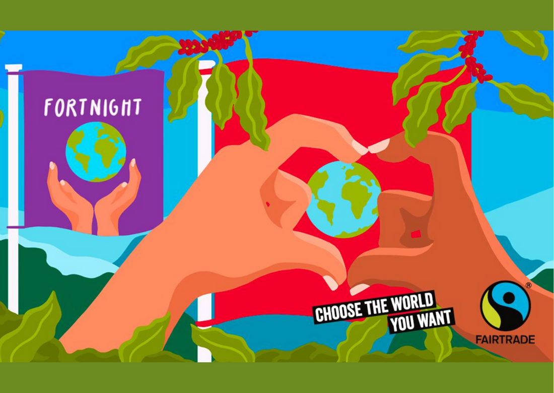 A brightly coloured graphic about Fairtrade Fortnight