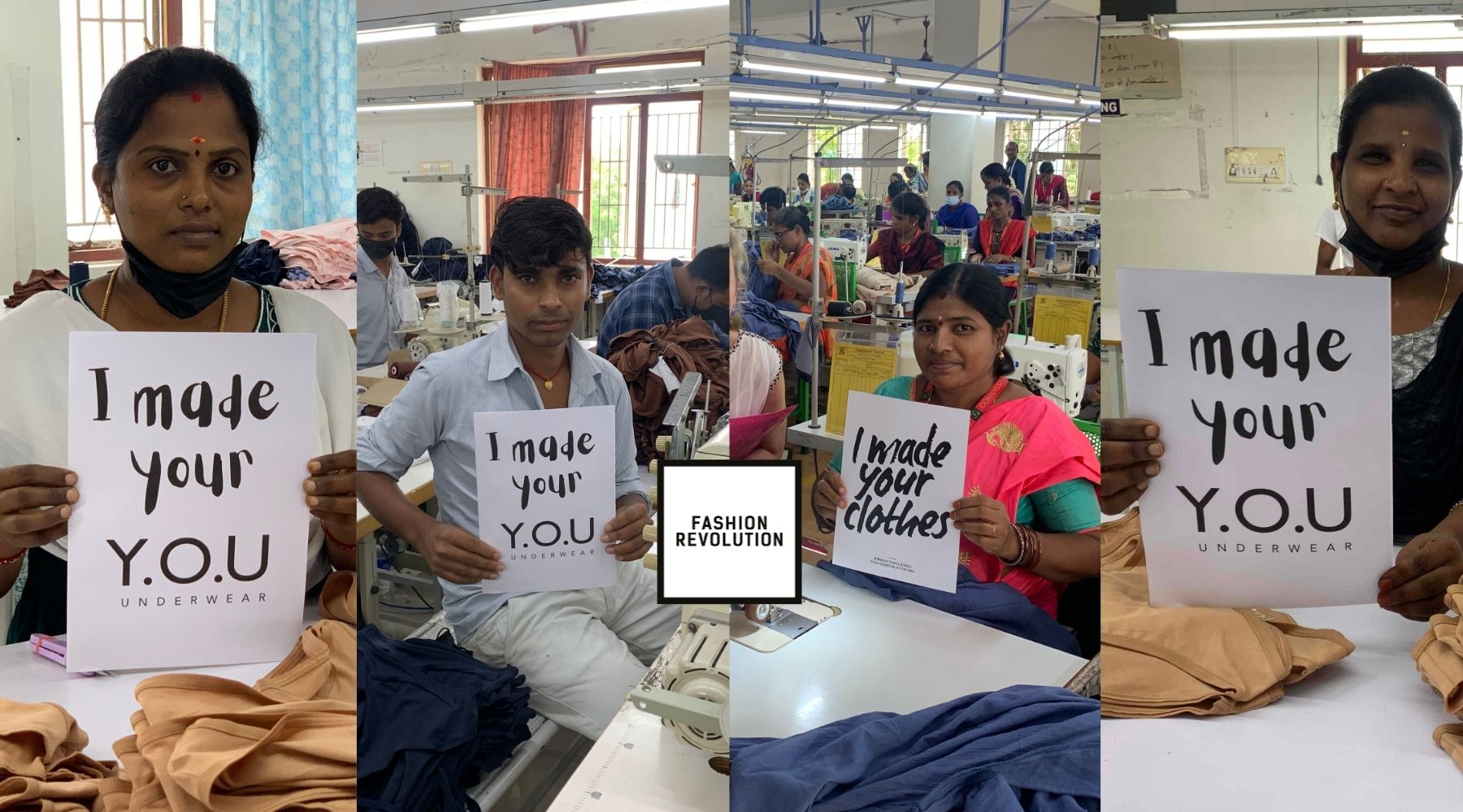 Four different photos edited together of garment workers inside a garment factory holding a sign reading "I made your Y.O.U Underwear".