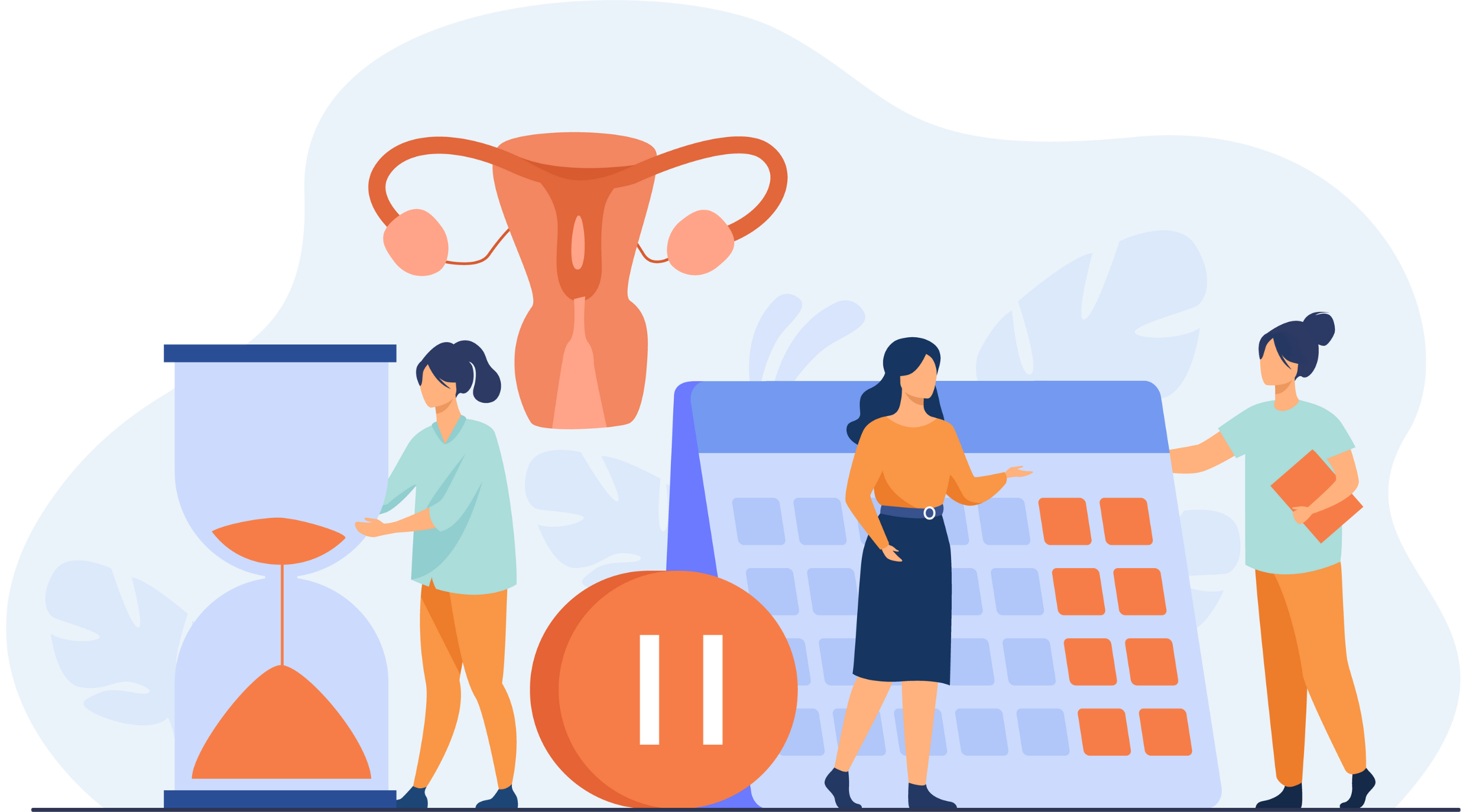 digital illustration showing three women with large scale illustrations behind them of a calendar, an hourglass, a uterus, and a pause button. 