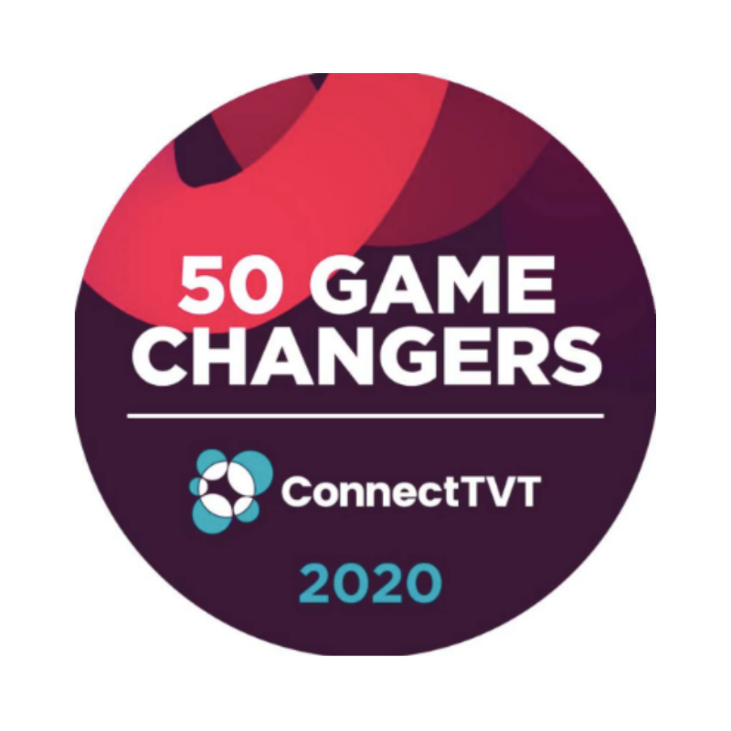 An image which reads, '50 Game Changers, ConnectTVT, 2020.' The writing is white and formatted onto a pink and purple circle on a white background.