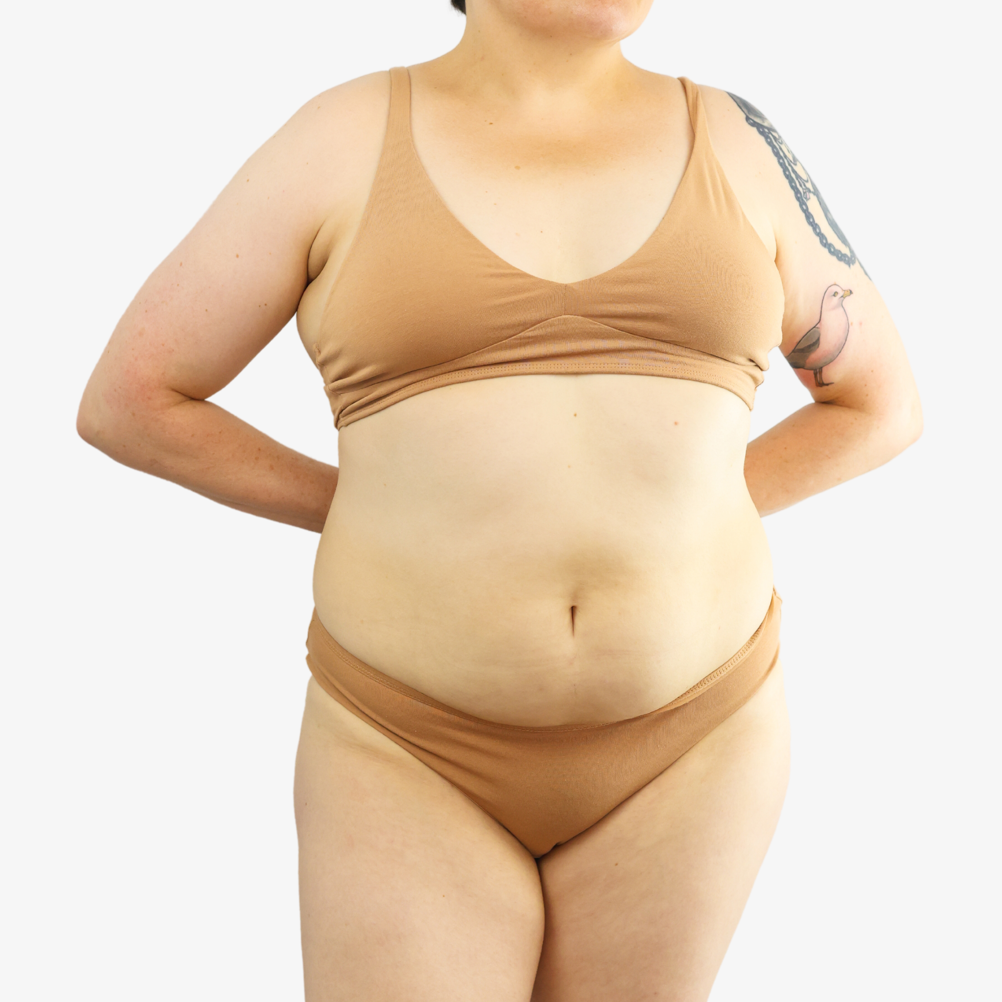 Women's organic cotton matching bralette and bikini set - almond (light nude)
