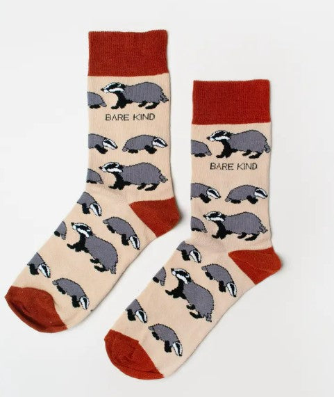 Bare Kind Bamboo Socks - Save the Badgers (beige & red)