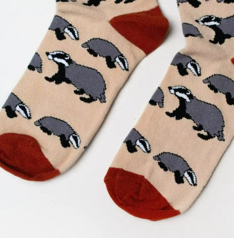 Bare Kind Bamboo Socks - Save the Badgers (beige & red)