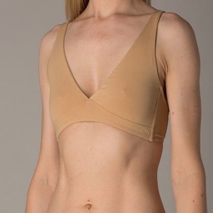 Women's organic cotton matching bralette and mid-rise bikini set - Almond (light nude)