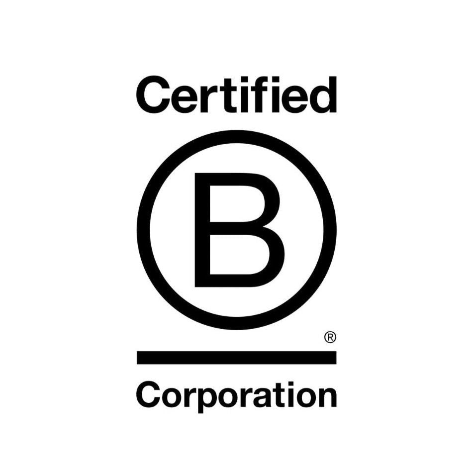An image that reads 'Certified B Corporation in black with a white background. The B is in a black circle and there is a horizontal line under the B and above corporation.