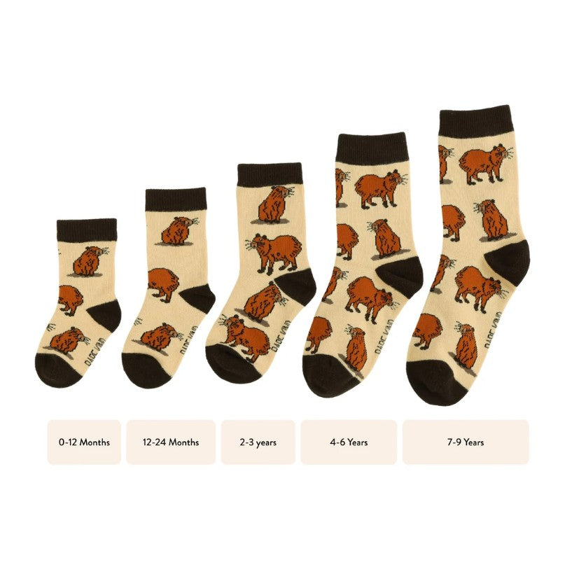 The Bare Kind childrens size guide with capybara socks