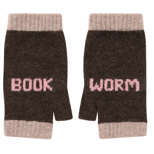A photo of the Black & Beech Book Worm mittens in brown with baby pink writing on a white background.