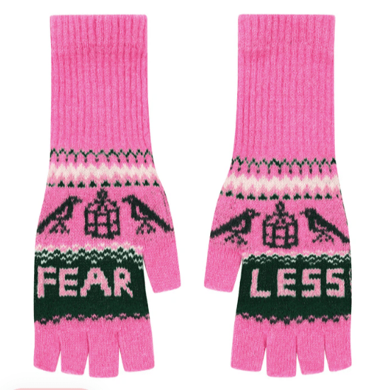 A flat lay photo of the Black & Beech fearless mittens in bright pink with dark green on a white background.