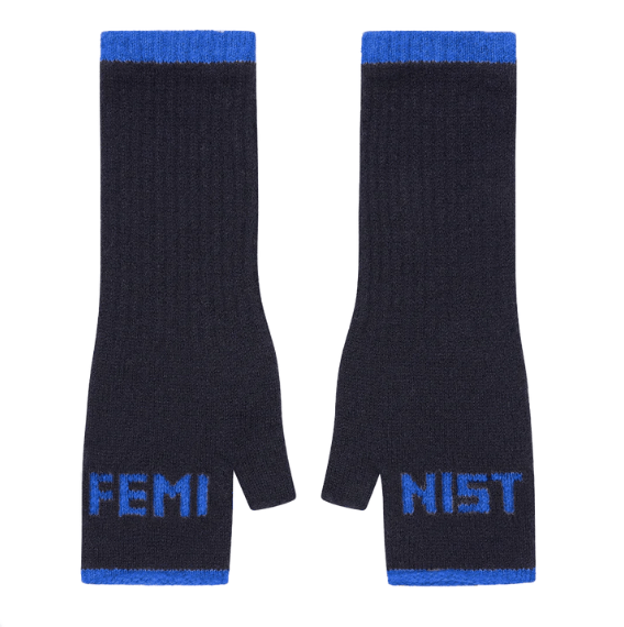 A flat lay photo of the Black & Beech Feminist Gloves in dark blue with bright blue writing and cuffs on a white background.