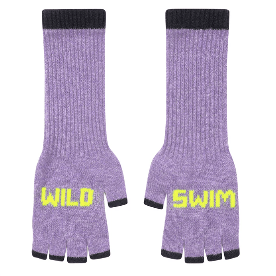 A flay lat photo of the Black & Beech gloves in lilac with neon yellow writing and dark purple cuffs on a white background.