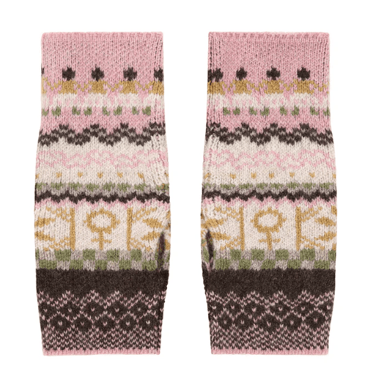 A photo of the Black & Beech Fairisle Wrist Warmers in pink and cocoa on a white background 
