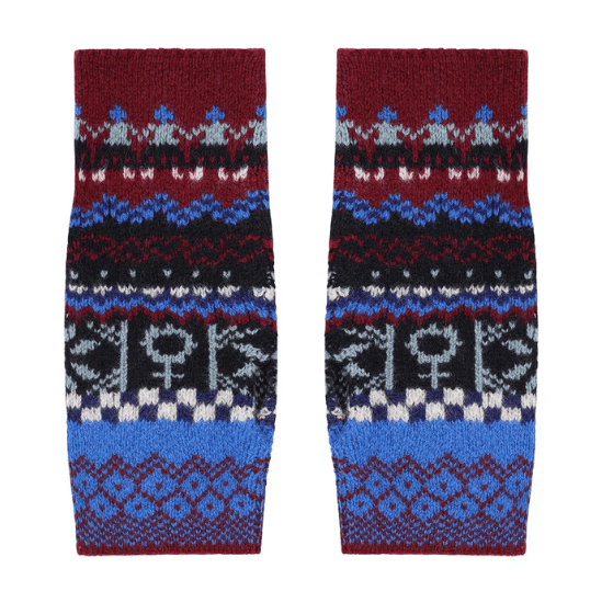 A photo of the Black & Beech Fairisle Wrist Warmers in blue and burgandy on a white background