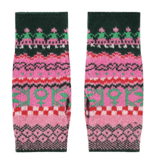 A photo of the Black & Beech Fairisle Wrist Warmers in pink and green on a white background