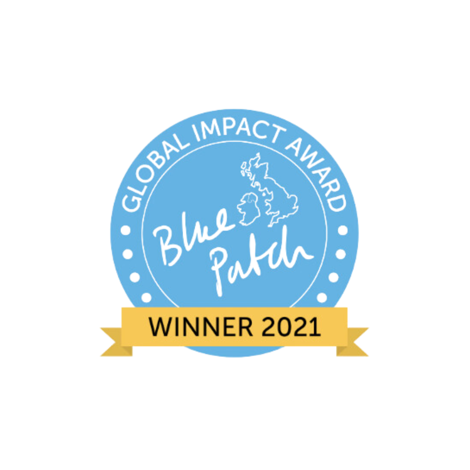 An image which reads, 'Global Impact Award, Blue Patch Winner 2021.' The writing in in white on a blue circular graphic. The writing, 'Winner 2021, is in black on a yellow scroll-like banner.