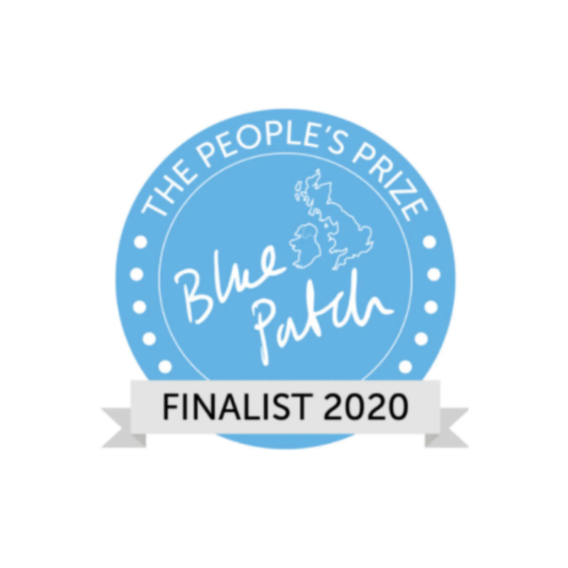 An image which reads, 'The People's Prize, Blue Patch, Finalist 2020.' The writing is white and black formatted within a blue circle on a white background.