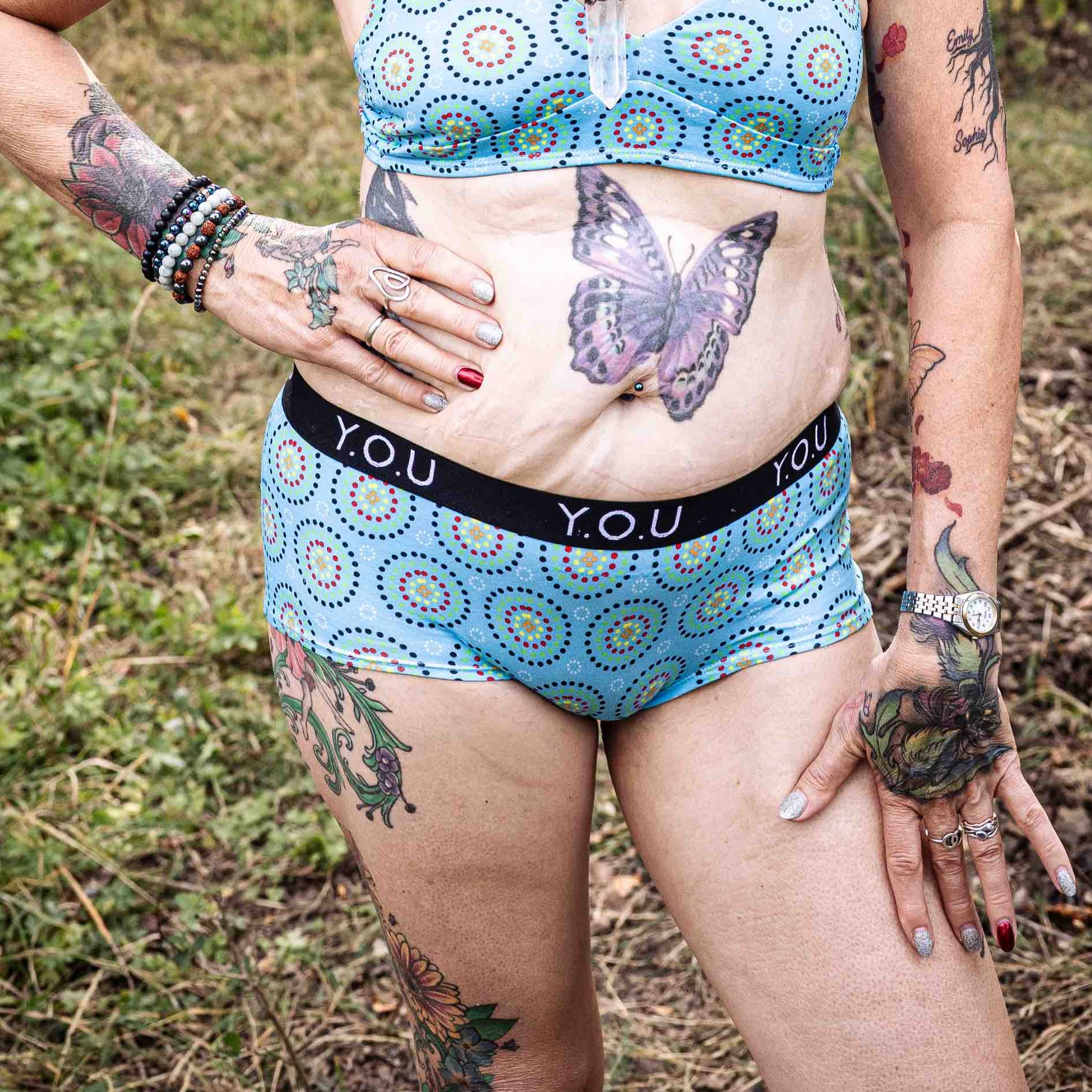 Women’s organic cotton boy shorts with Y.O.U elastic - Blue Mara design