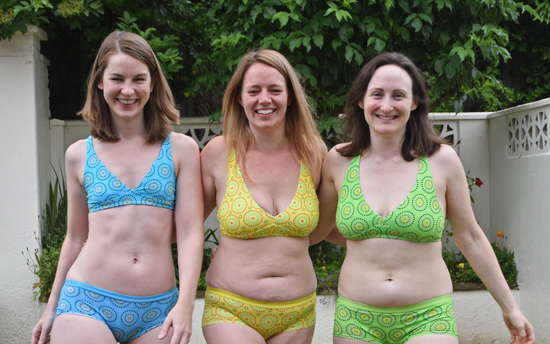 Three models wear matching Mara bralette and boy shorts