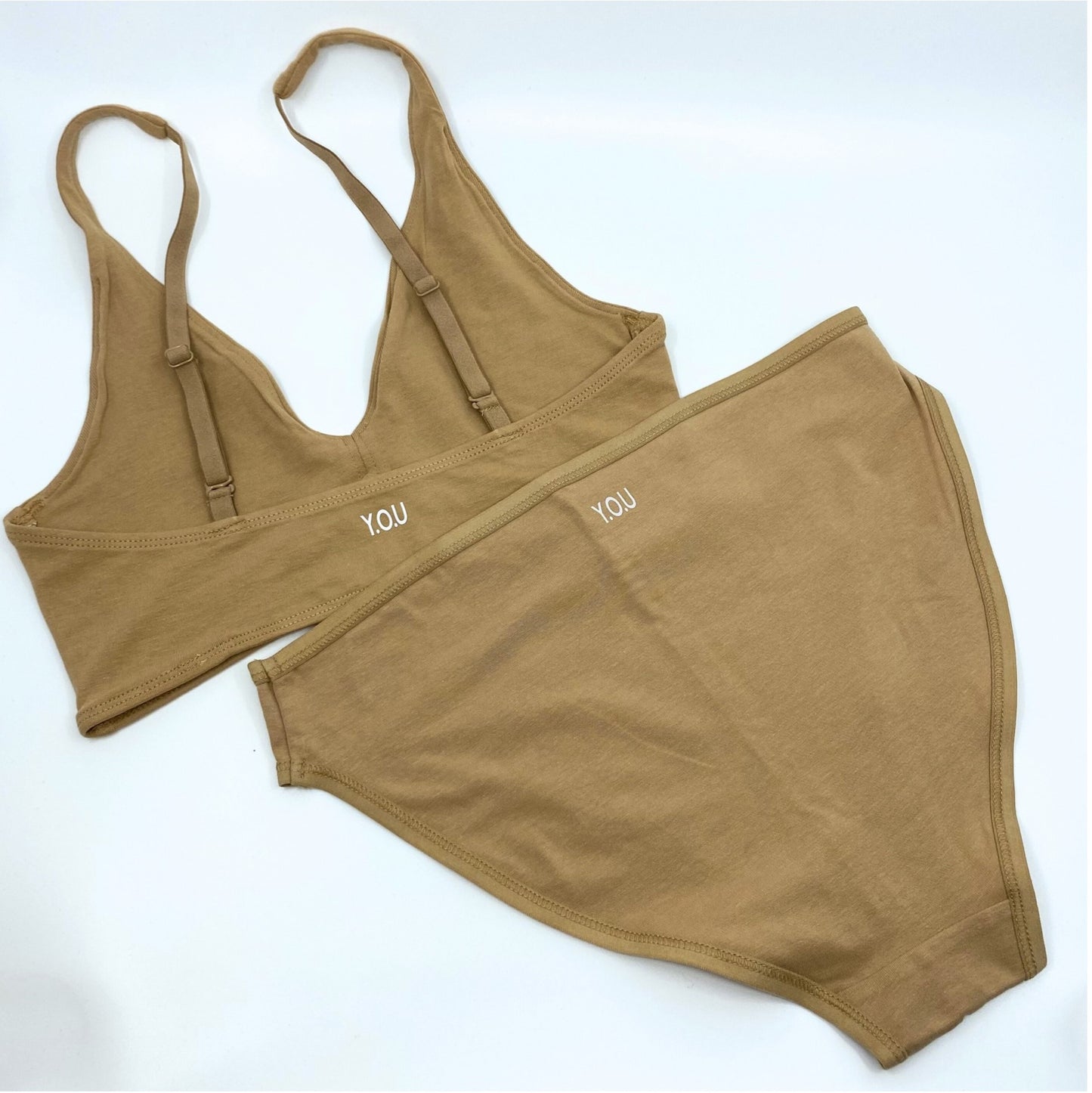 Women's organic cotton matching bralette and mid-rise bikini set - Almond (light nude)