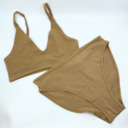 Women's organic cotton matching bralette and mid-rise bikini set - Almond (light nude)