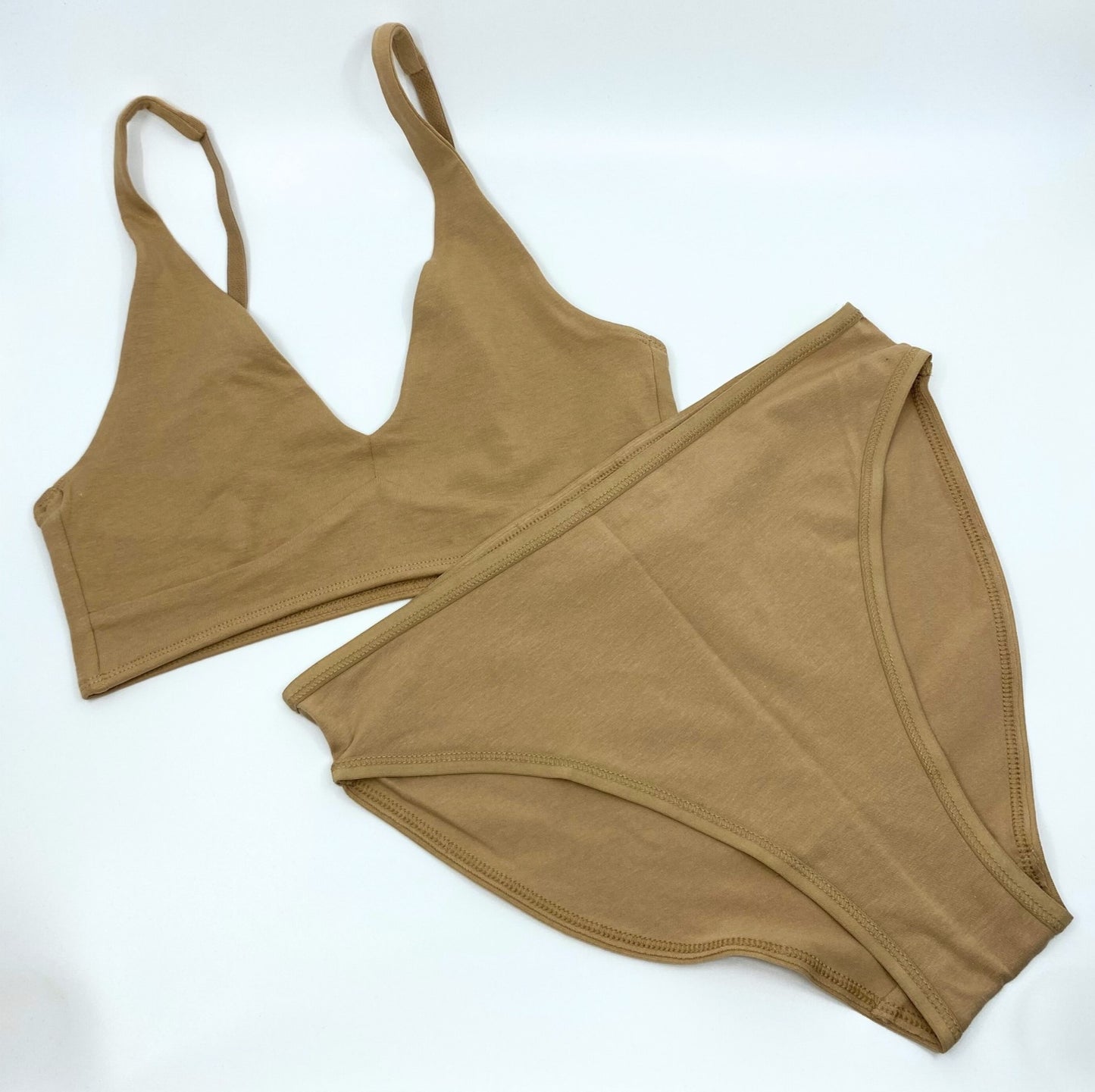 Women's organic cotton matching bralette and mid-rise bikini set - Almond (light nude)