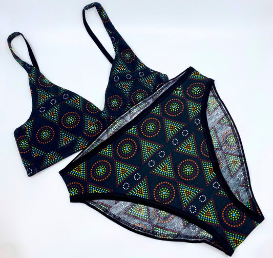 Women's organic cotton bralette and mid-rise bikini set - black Mara