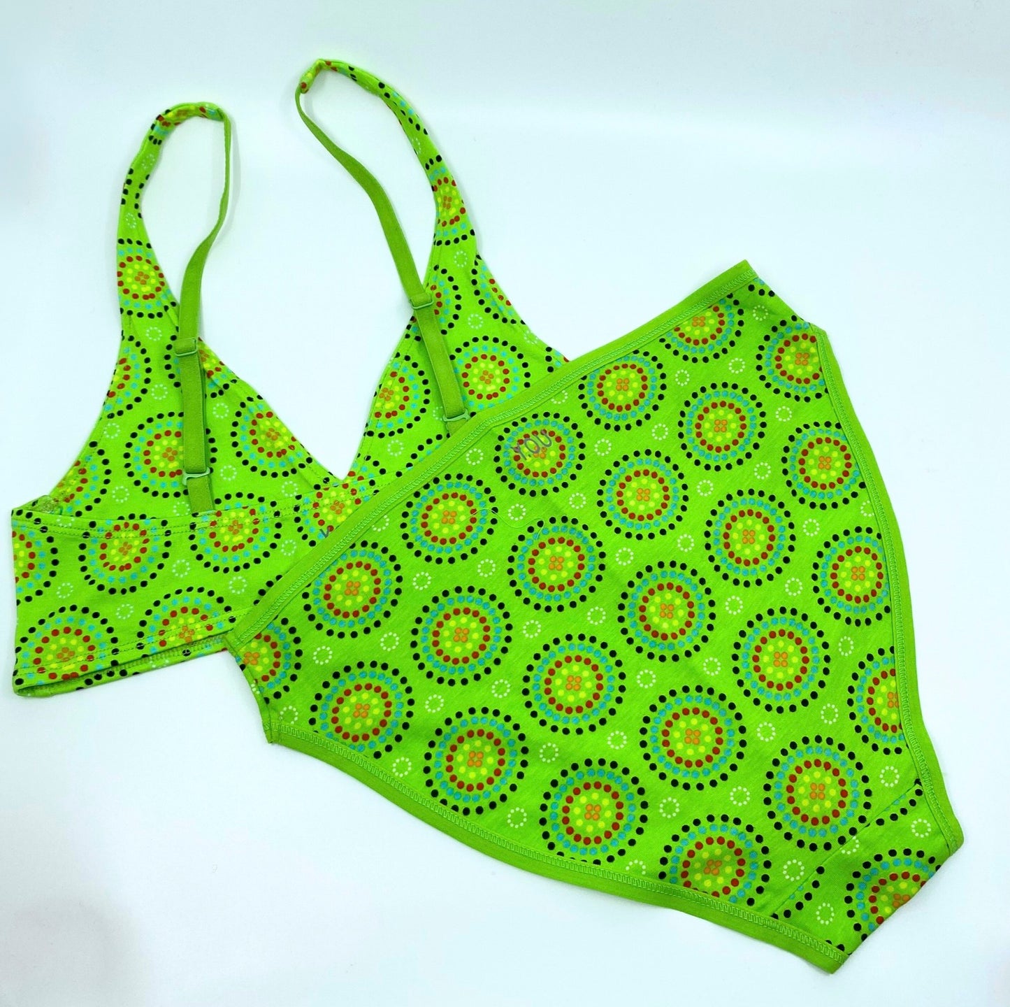 Women's organic cotton matching bralette and mid-rise bikini set - Green Mara design