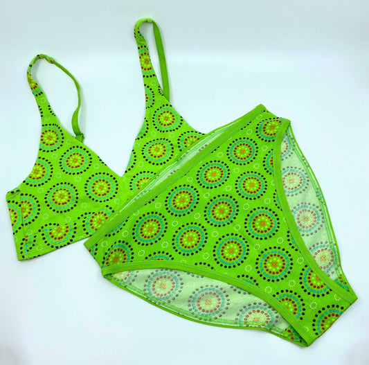 Women's organic cotton matching bralette and mid-rise bikini set - Green Mara design