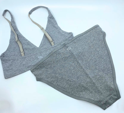 Women's organic cotton matching bralette and mid-rise bikini set - light heather grey