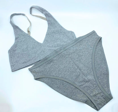 Women's organic cotton matching bralette and mid-rise bikini set - light heather grey