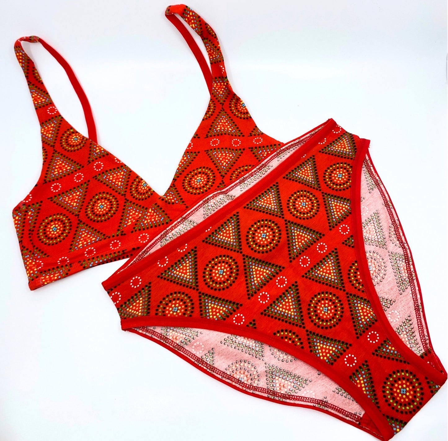 Women's organic cotton matching bralette and mid-rise bikini set - Red Mara