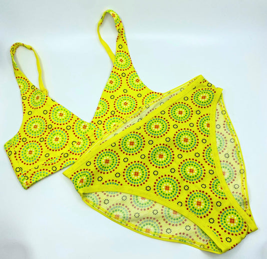 Women's organic cotton matching bralette and mid-rise bikini set - Yellow Mara