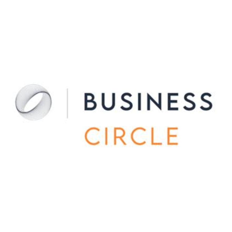 An image which reads 'Business Circle'. The image has a white background and a sphere graphic on the left hand side. The word 'business' is in black and the word 'circle' is in orange.