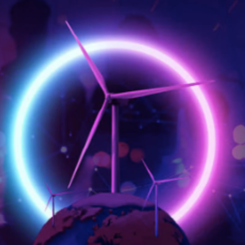 An image of large wind turbines on a small globe. There is a neon blue and pink light illuminating them from behind.