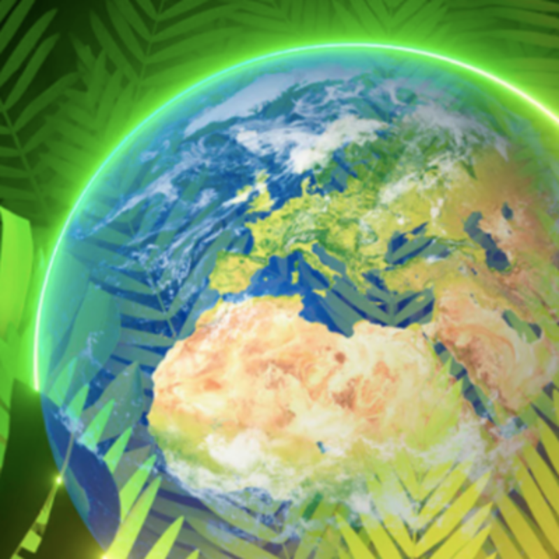 An image of the globe with a bright neon light illuminating the globe from behind and some green foliage in the foreground of the image.
