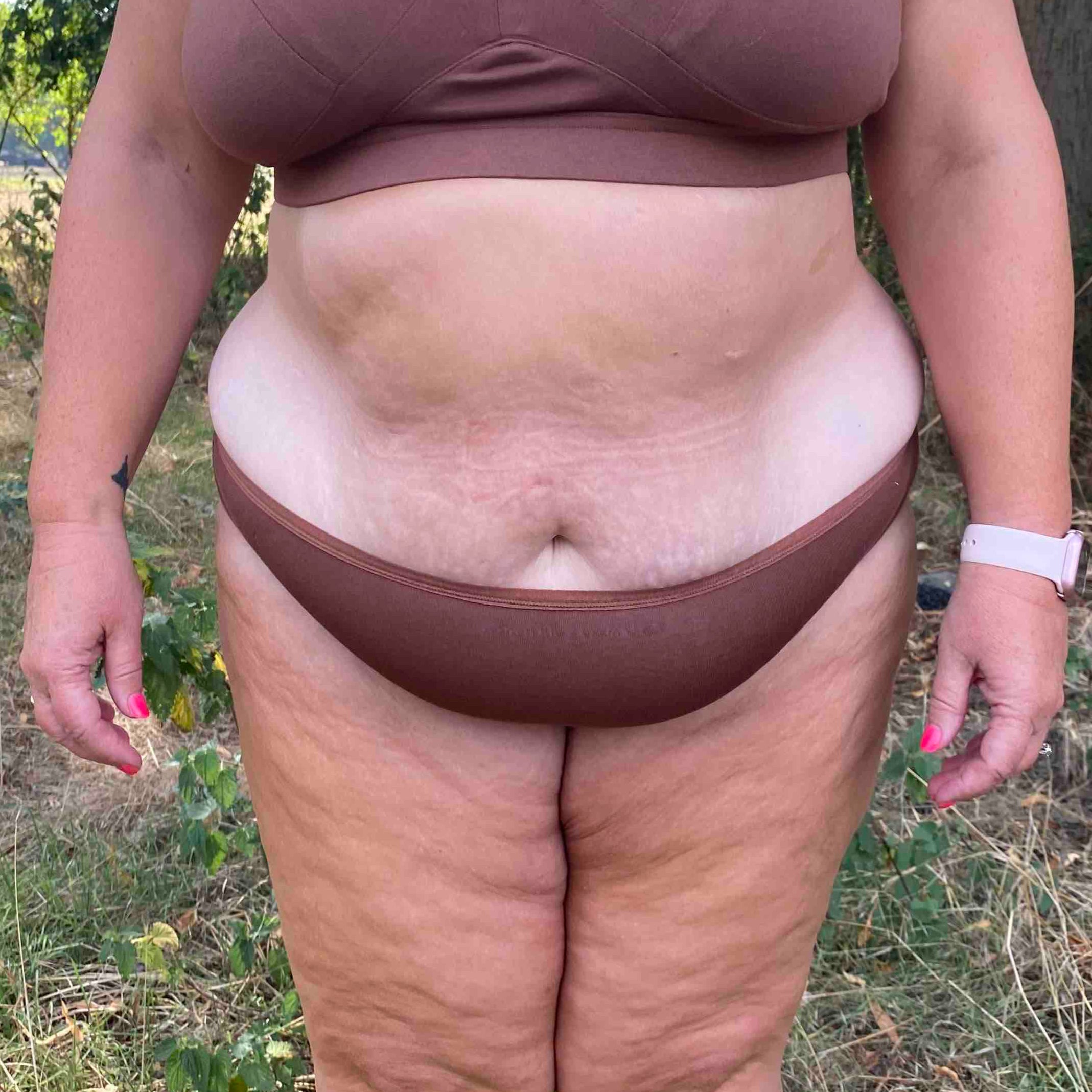 model wearing organic cotton more supportive bra chestnut - You Underwear