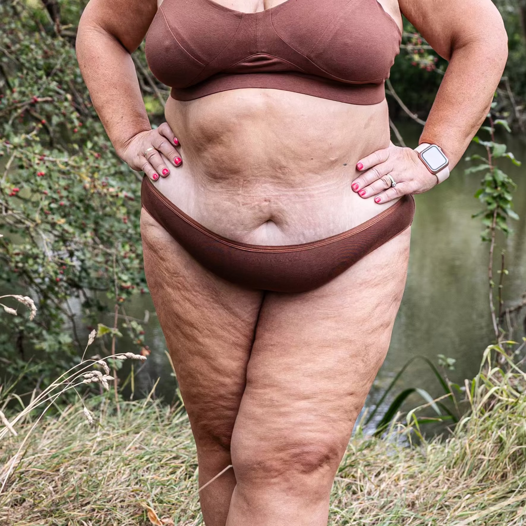 model wearing organic cotton low rise bikini chestnut - You Underwear