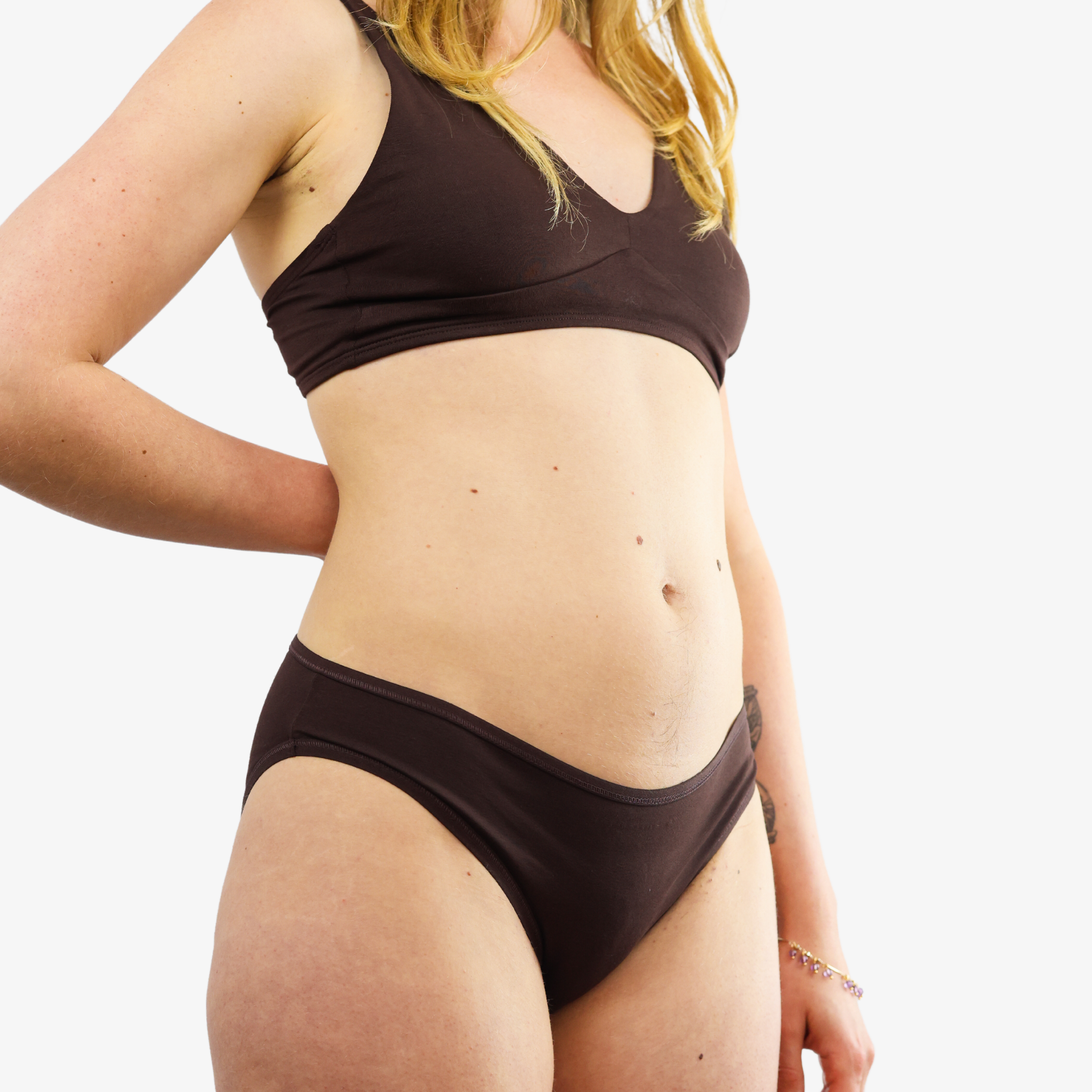 Women's organic cotton matching bralette and bikini set - cocoa