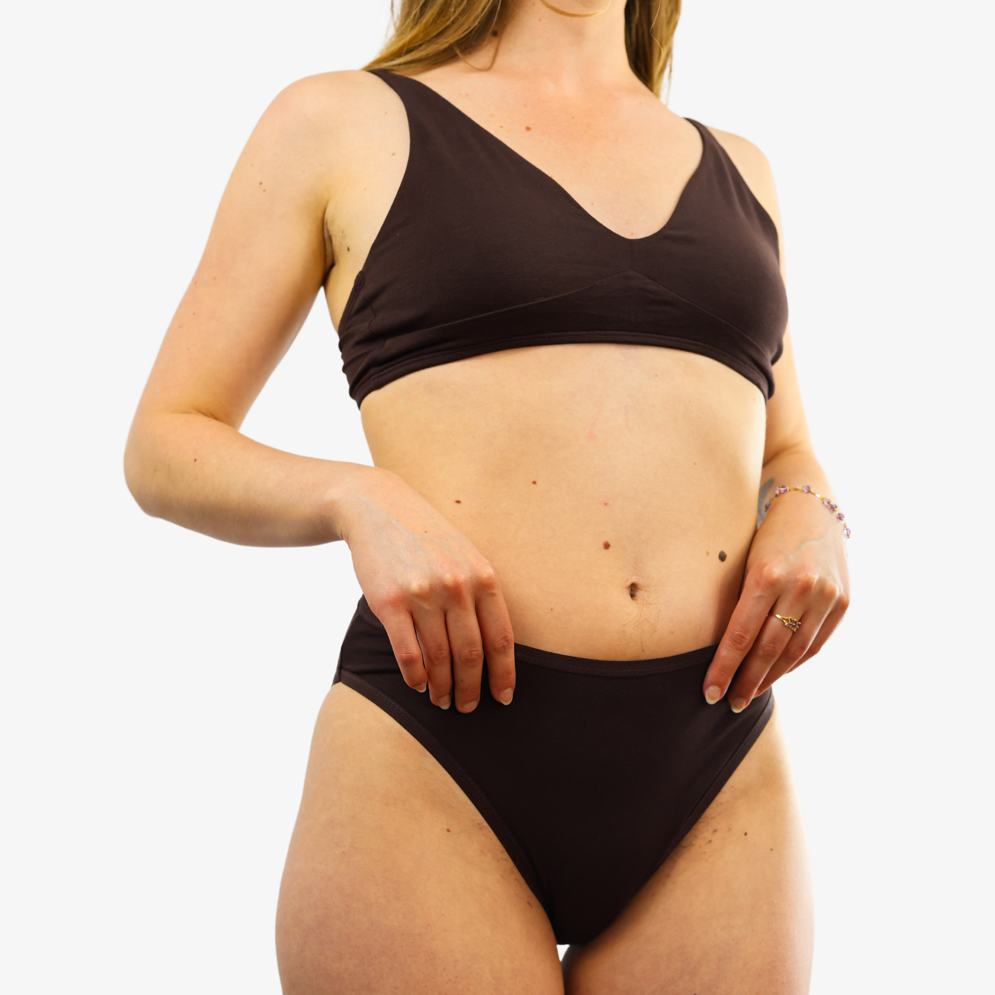 Women's organic cotton matching bralette and mid-rise bikini set - cocoa (dark nude)