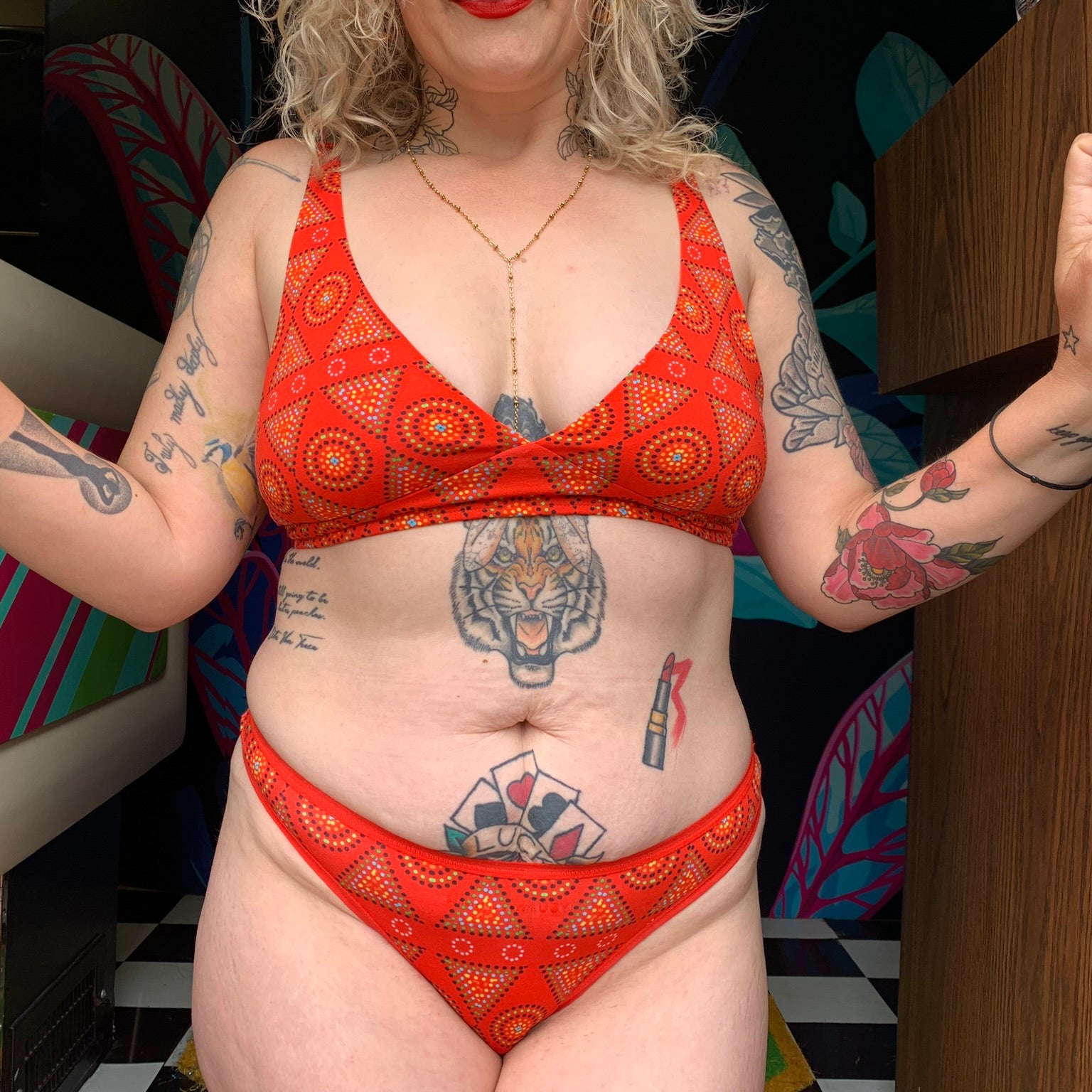 Women's organic cotton matching bralette and thong set - Red Mara design