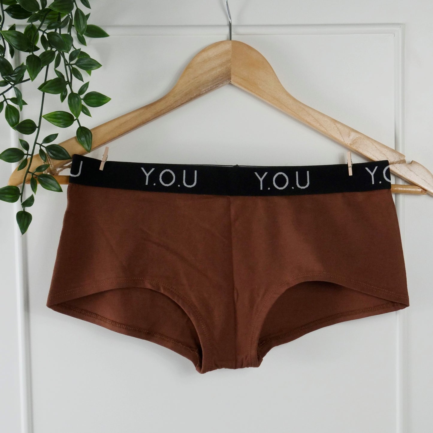 Women's organic cotton matching bralette and Y.O.U boy shorts set - chestnut (mid nude)
