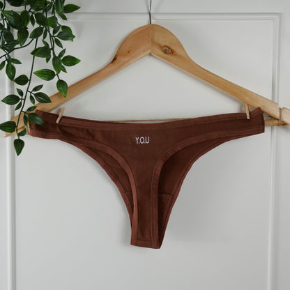 Women's organic cotton matching bralette and thong set - chestnut (mid nude)