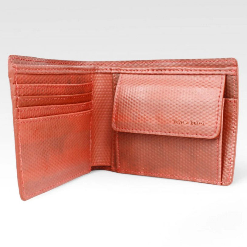 The Elvis and Kresse red and black printing blanket billfold wallet, open, on a white background