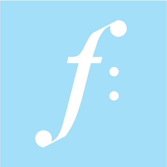 On a light blue background, a cursive lowercase f: