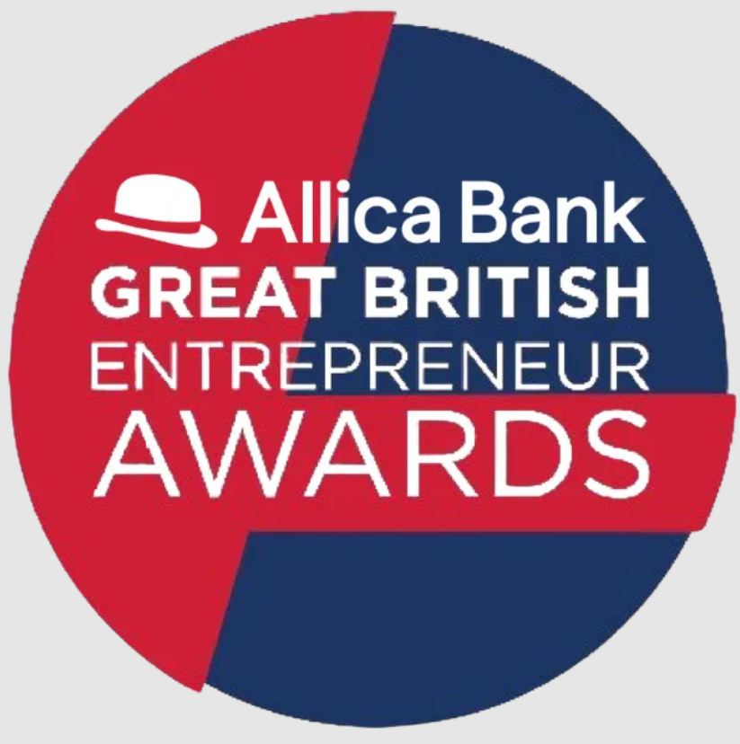An image of a blue and red circle within a white square. The text in the circle reads, 'Allica Bank Great British Entrepreneur Awards,' in clear white letters.