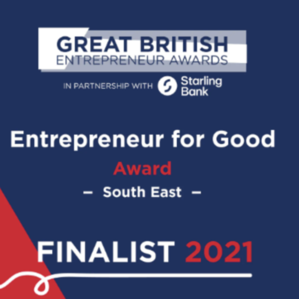 An image which reads, 'Great British Entrepreneur Awards in partnership with Starling Bank, Entrepreneur for Good Award South East, Finalist 2021.' The writing in is white, red and blue in a dark blue background.