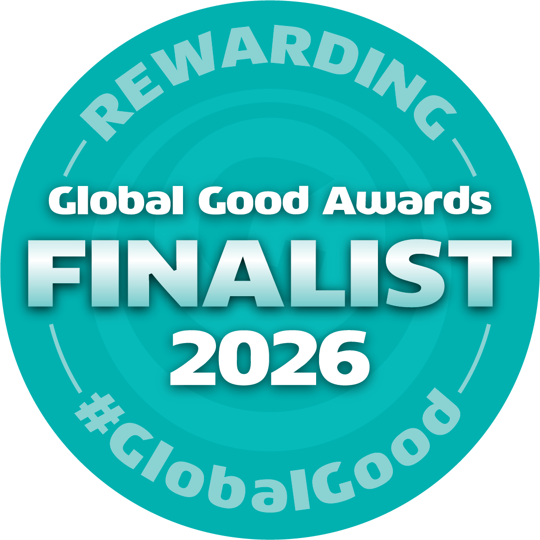 A round image which reads, 'Rewarding Global Good Awards Finalist 2026 #GlobalGood.' The writing is white and the background of the image is teal.