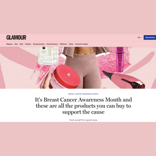 A screenshot of the Glamour article around breast cancer awareness months on a light pink background