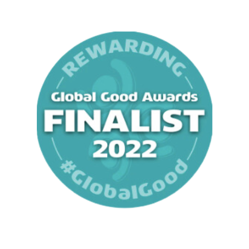 An image which reads 'Global Good Awards Finalist 2022 #Global Good.' The writing is white and formatted onto a teal circle.